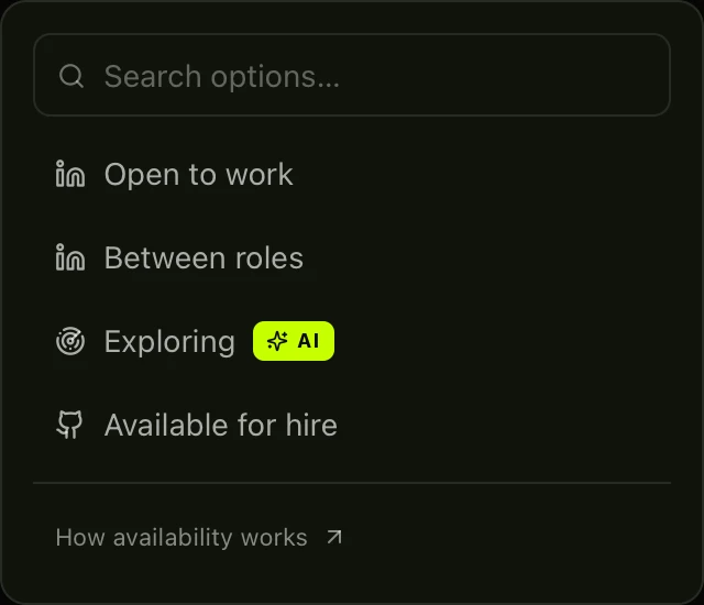 Availability filters with an AI badge next to FreshTalent Exploring, plus LinkedIn Open to work and Between roles, and GitHub Available for hire.