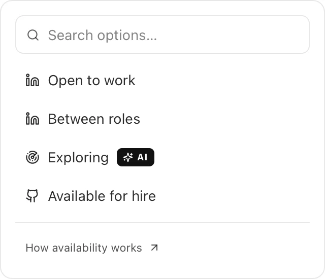 Availability filters with an AI badge next to FreshTalent Exploring, plus LinkedIn Open to work and Between roles, and GitHub Available for hire.