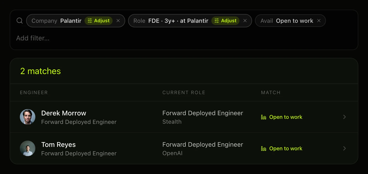 Search chips for Palantir, FDE with three or more years at Palantir, and open to work.