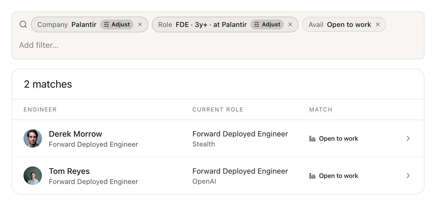 Search chips for Palantir, FDE with three or more years at Palantir, and open to work.