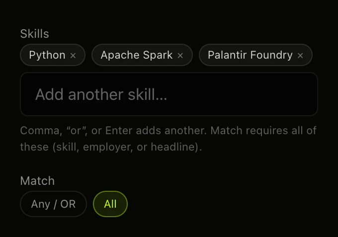 Skills editor with Python, Apache Spark, and Palantir Foundry, using All rather than Any matching.