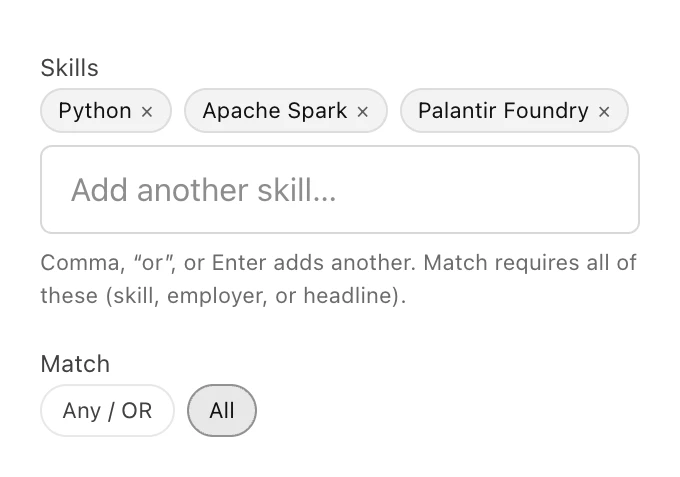 Skills editor with Python, Apache Spark, and Palantir Foundry, using All rather than Any matching.